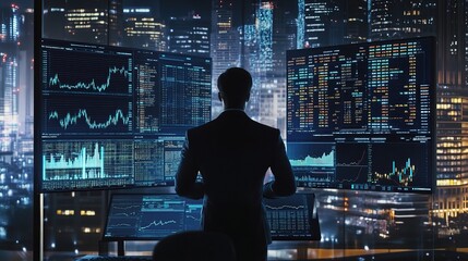 Businessman Analyzing Data on Multiple Screens at Night