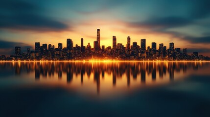 Obraz premium Cityscape Silhouette at Sunset with Water Reflection