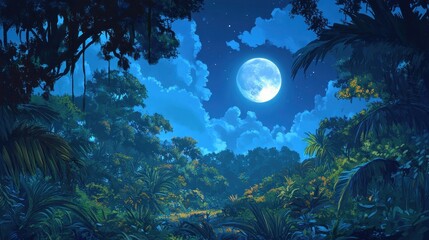 Obraz premium Lush Tropical Rainforest Night with Full Moon and Stars - Digital Painting Illustration.