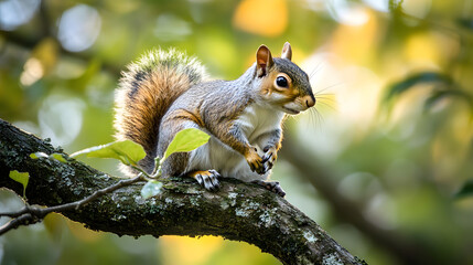 Fototapeta premium Detailed view of a squirrel with vibrant fur standing on a moss-covered branch in a forest setting.