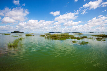 Nanjeong Reservoir with the reflection of sky and islands at Gyodong Island near Ganghwado Island, South Korea