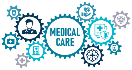 medical care concept banner website web icons vector illustration concept with icons of hospital, health care, emergency, doctor, insurance , mobile app clinic, hospital bill on white background