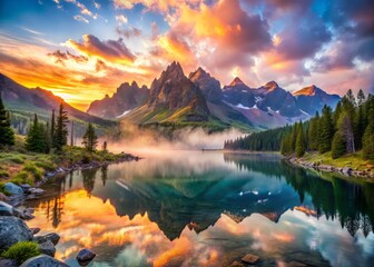 Obraz premium Sunrise over Mountain Peaks unfolds a kaleidoscope of colors as morning light breaks through the misty atmosphere illuminating the rugged terrain and serene lake waters below.