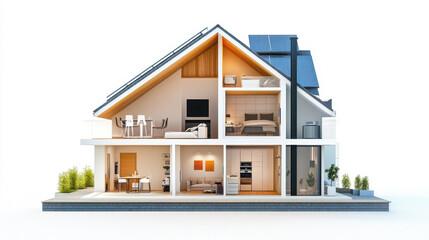 Modern two-story house cutaway showing contemporary interior design with open living spaces, stylish furniture, and plants. Bright and airy home with wooden accents.