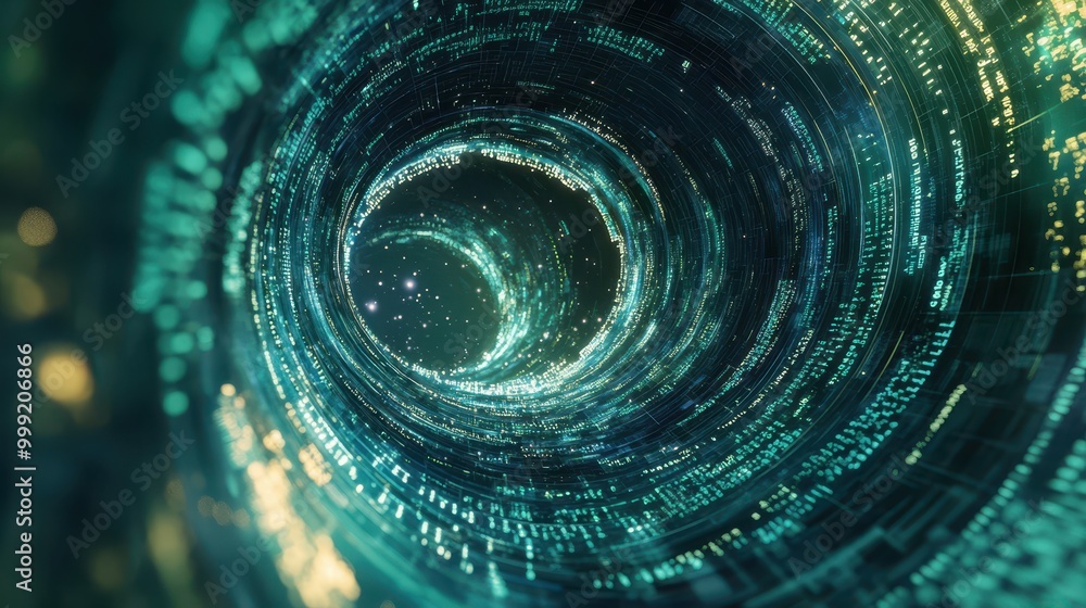 Poster abstract digital tunnel with blue and green glowing lights and data flow