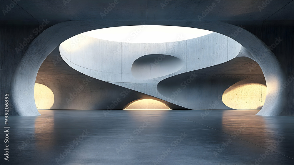 Poster abstract concrete architecture with curved walls and circular openings