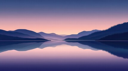 Serene Mountain Lake Reflection at Sunset - Minimalist Landscape Illustration