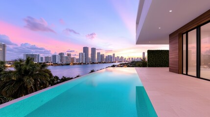 Infinity Pool with Miami Skyline Sunset View   Luxury Rooftop Terrace Design