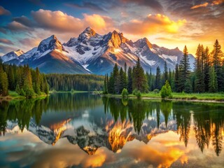 Fototapeta premium Majestic Sunrise casts warm golden light on snow-capped mountain peaks, mirrored perfectly in the still waters of a serene lake, surrounded by lush green forests.
