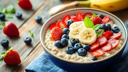 A vibrant 3D illustration of a bowl filled with organic oatmeal, topped with an assortment of fresh fruits such as sliced bananas, strawberries, and blueberries. The oatmeal has a creamy texture, 