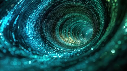Abstract Turquoise and Gold Spiral Tunnel with Glittering Lights - Futuristic Technology and Data Concept.