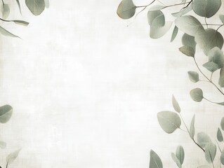 Eucalyptus Leaves Border Frame on White Textured Background - Greenery Wedding Invitation Design, Card, Mockup, Branding, Social Media Banner, Minimalist Aesthetic.