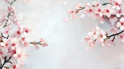 Obraz premium Delicate Pink Cherry Blossoms on a Light Blue Background - Watercolor Painting