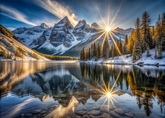Rays of sunlight dance across snowflakes, enhancing textures of rugged peaks reflected in the calm lake, emphasizing dramatic contrasts.