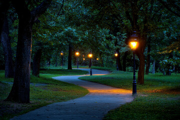 Obraz premium A serene park pathway illuminated by vintage lamps, creating a tranquil atmosphere in the evening.