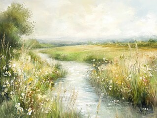 Serene Countryside Landscape with Creek and Wildflowers - Oil Painting