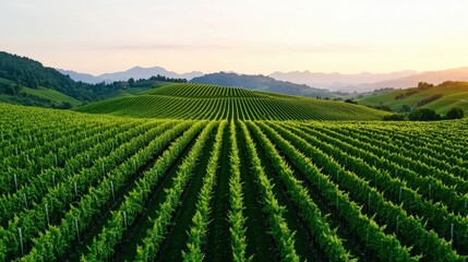 Aerial View of Vineyard Rows in Rolling Hills at Sunset