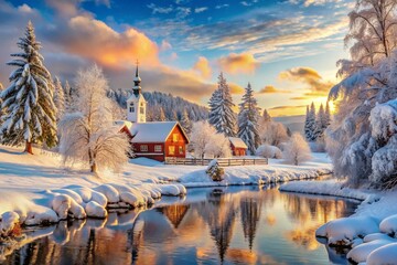 Fondo de un paisaje en navidad con cabañas y arboles con nieve