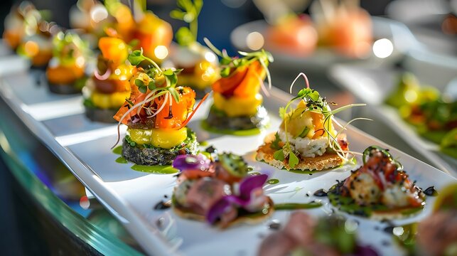 catering wedding buffet with different food snacks and appetizers.