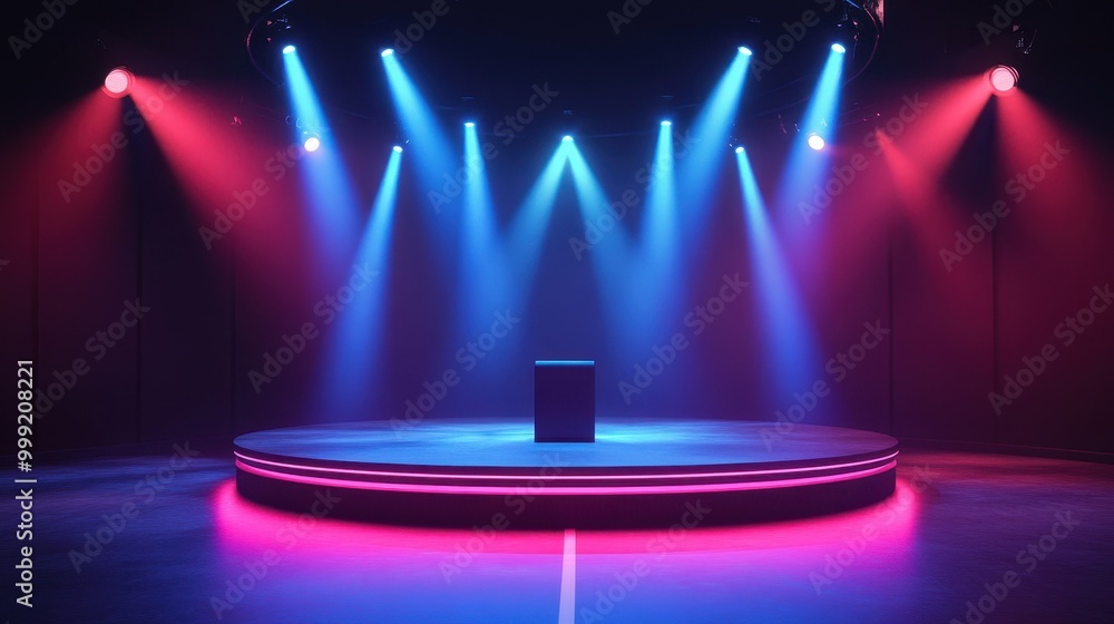 Poster empty stage with neon lights and platform - 3d render