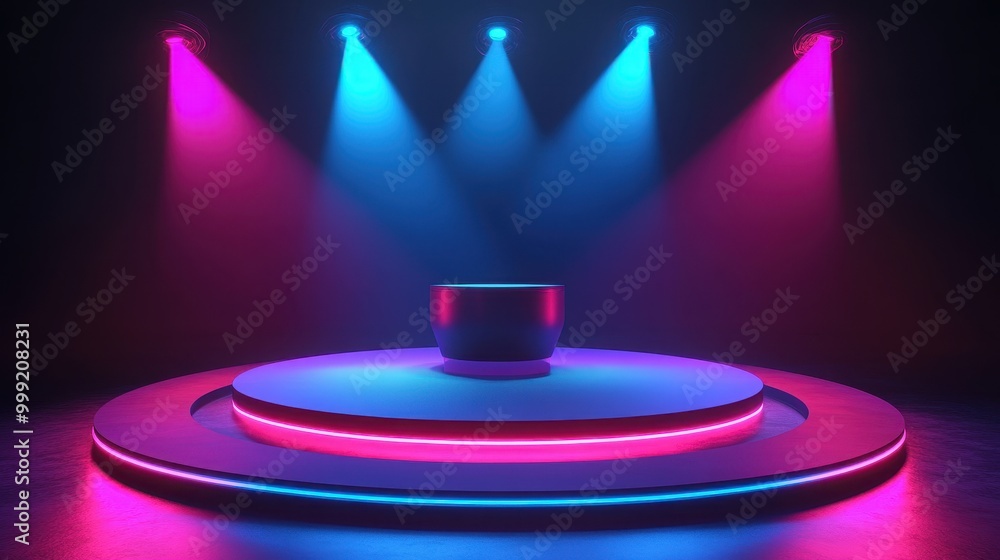 Poster futuristic neon stage with round platform and lights for product display