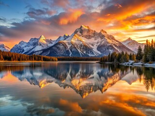 Morning sun rises over the snow-capped mountain range, casting a range of warm hues on the landscape and reflecting off the still waters of the lake.