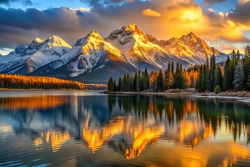 Golden morning light creeps over a snow-capped mountain range, casting a warm glow on the serene lake below, where ripples of water create a stunning reflection of the surrounding peaks.