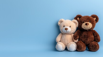 Obraz premium Cute Teddy Bears Sitting Together on Blue Background