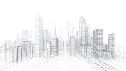 Abstract wireframe city background. Perspective 3D render of building wireframe. Vector. 
