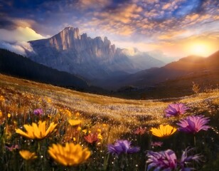 Fototapeta premium A field of wildflowers in full bloom at the base of a towering mountain range