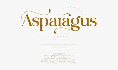 Obraz premium Asparagus typography beauty fashion elegant minimalist serif italic fonts decorative wedding vintage retro logos. Minimal luxury font alphabet logo. Vector illustration
