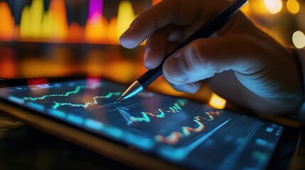 Naklejka premium Hand Holding Pen Over Tablet with Financial Graphs