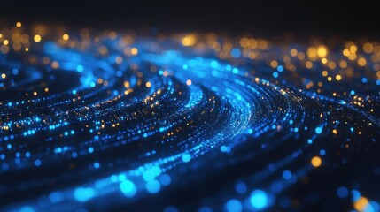 Abstract Blue and Gold Bokeh Lights Background, Futuristic Technology, Digital Network, Data Visualization, 3D Render