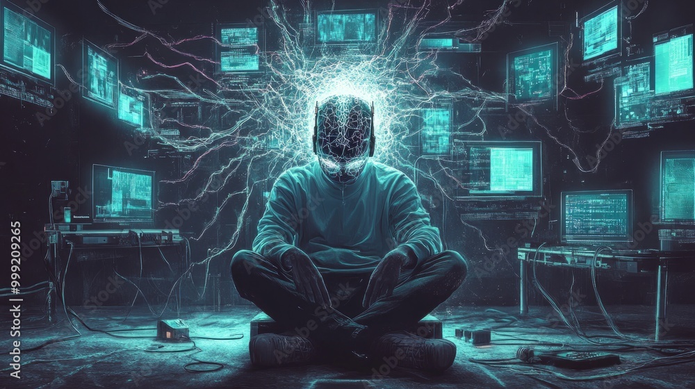Poster a cyber hacker sitting with cables running from their brain implant into a console, data visually tr