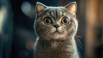 A close-up shot of a Scottish Fold cat with folded ears, staring into the distance with its round eyes in sharp clarity.