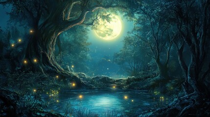 Fototapeta premium Enchanting Moonlit Forest Scene with Fireflies and a Tranquil Stream
