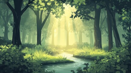 Obraz premium Sunbeams Through Trees, River in a Lush Forest, Digital Art, Nature Scene