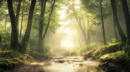 Obraz premium Sunbeams Through Misty Forest with Stream and Lush Greenery.