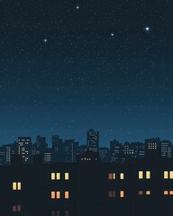 City Skyline at Night with Starry Sky, Dark Blue Background Illustration