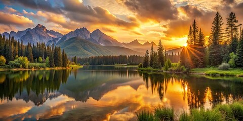 Fototapeta premium Stunning sunrise casts a warm golden glow over a serene lake surrounded by majestic mountain peaks with rustling trees and lush greenery