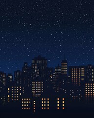 Night Cityscape with Starry Sky, Illuminated Windows, and Silhouettes of Buildings.