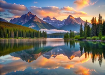 Dawn's Gentle Glow Illuminates Serene Composition of Lake Reflections and Mountain Ridges