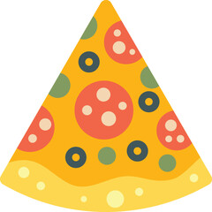 Single slice of pizza with pepperoni and olives is shown against a white background