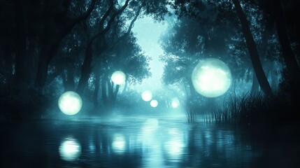 Mystical Forest River with Glowing Orbs and Foggy Atmosphere - Dreamy Fantasy Landscape.