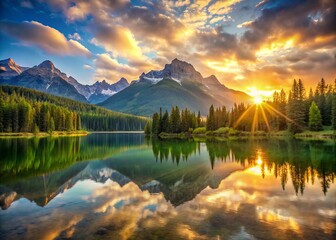 Obraz premium Vibrant sunrise over serene mountain lake with gentle golden light casting long shadows on calm waters and highlighting the expansive views of majestic mountains and lush green forests.
