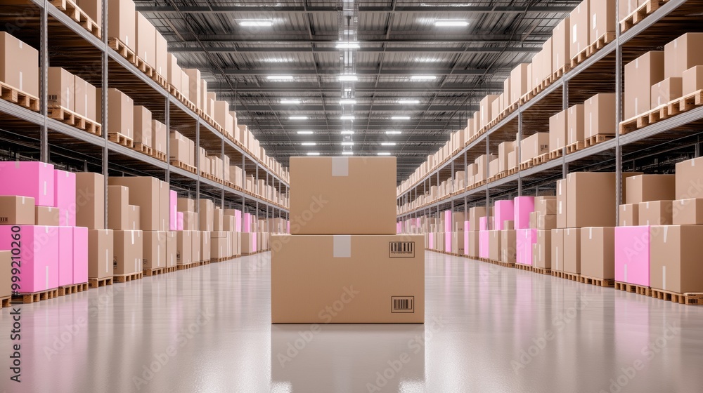 Poster an expansive shipping facility filled with neatly arranged boxes at twilight, showcasing efficient o