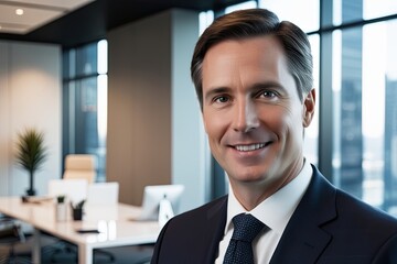 Dynamic Close-Up Portrait of a Prosperous CEO in a Modern Office Environment