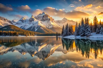 Fototapeta premium Snow-Draped Mountain Range towers above serene lake, bathed in soft golden hour light, accentuating snowflakes' intricate patterns, and reflecting majestic peaks' shadows on still water.