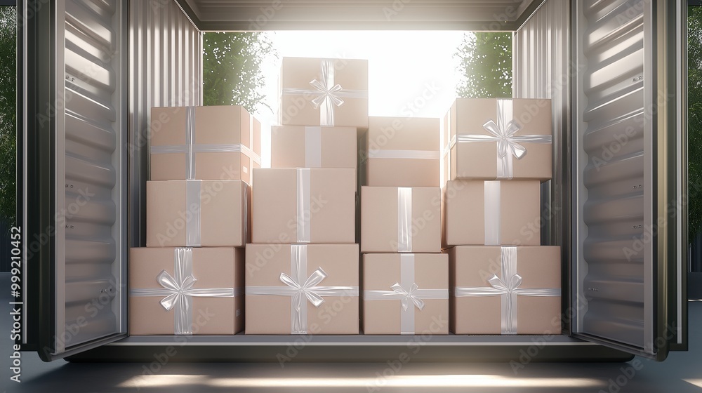 Poster sunlight filters through a shipping container, illuminating a neatly stacked arrangement of packages