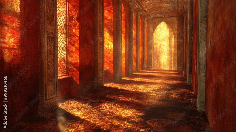Poster glowing archway in red stone hallway with light streaming in - 3d render